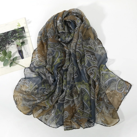 Vintage Paisley Print Bali Yarn Scarf Women Lightweight Sun Protection Shawl Elegant Bohemian Wrap Headscarf For Daily Travel