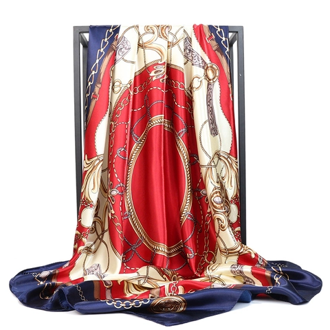 Women Satin Square Scarf Elegant Faux Satin Retro Chain Print Head Wrap Large Neckerchief Accessory