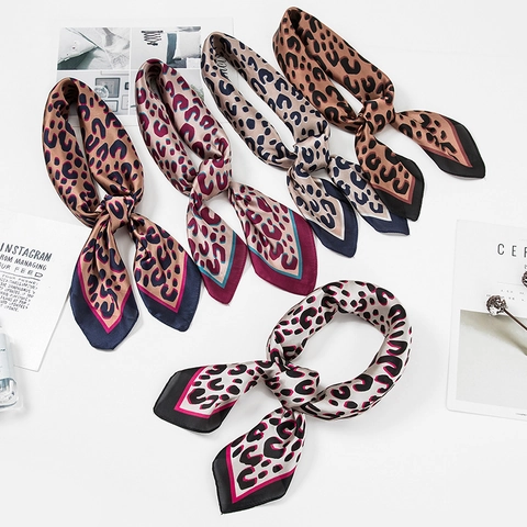 Women Fashion Leopard Print Satin Square Scarf Casual Silky Bandana Hair Scarf Neck Wrap Headwear For Ladies Accessory