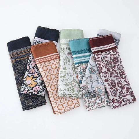 Women Voile Square Bandana French Pastoral Style Floral Pattern Shawl Wrap Lightweight Breathable Summer Headscarf
