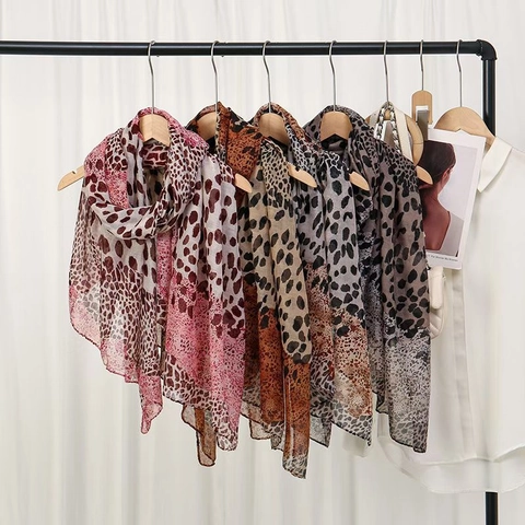 Leopard Print Scarf Women Lightweight Polyester Voile Spliced Pattern Long Shawl Sun Protection Fashion Wrap