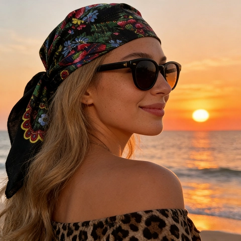 Pañuelo Cuadrado Con Estampado Floral Étnico Con Hilo Dorado Metálico Para Mujeres Bandana De Pelo Bohemio Vintage Cabeza Cuello
