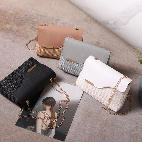 Elegante Bolso Bandolera Tejido para Mujer Solapa de Cuero PU Cadena Dorada Correa de Hombro Color de Contraste Bolso Diario