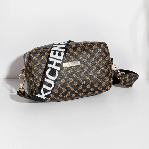 Women Vintage Monogram Camera Bag PU Leather Crossbody Shoulder Bag With Wide Letter Print Strap Gold Hardware Mini Square Bag