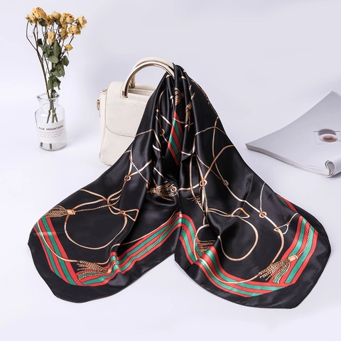 Women Satin Square Scarf Vintage Chain Floral Print Large Head Scarf Fashion Hijab Foulard Satin Wrap Accessories