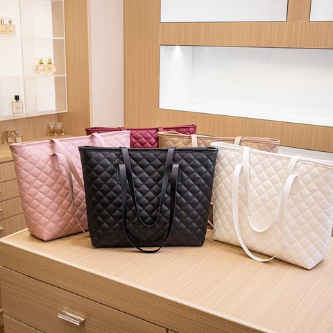 Borsa Tote Trapuntata da Donna Grande Capacità Moda in Pelle PU con Reticolo di Diamanti per Pendolarismo Quotidiano