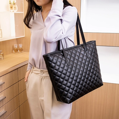 Borsa Tote Trapuntata da Donna Grande Capacità Moda in Pelle PU con Reticolo di Diamanti per Pendolarismo Quotidiano