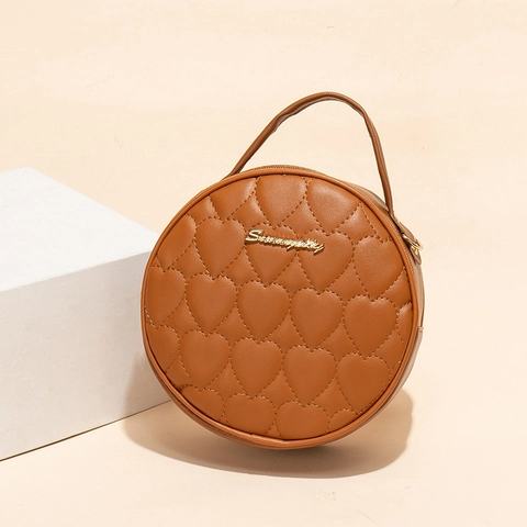 Borsa a Tracolla Circolare Trapuntata a Cuore Vintage Per Donna In Pelle PU Mini Borsa a Spalla Tonda Con Hardware Oro Borsa a Mano