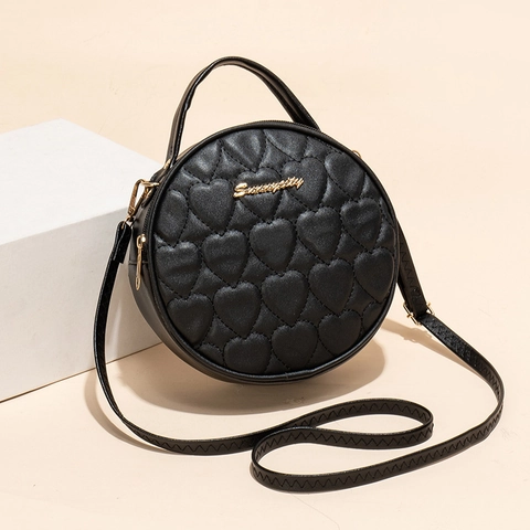 Borsa a Tracolla Circolare Trapuntata a Cuore Vintage Per Donna In Pelle PU Mini Borsa a Spalla Tonda Con Hardware Oro Borsa a Mano