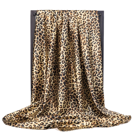 Leopard Print Satin Square Scarf Women Satiny Large Head Wrap Bandana Elegant Fashion Accessories