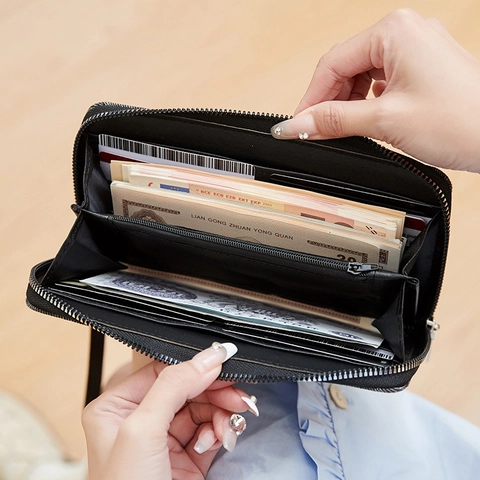 Women Fashion Denim Fabric Long Zipper Wallet With Rhinestone LOVE Letter Decor Daily Casual Clutch Bag With Wristlet