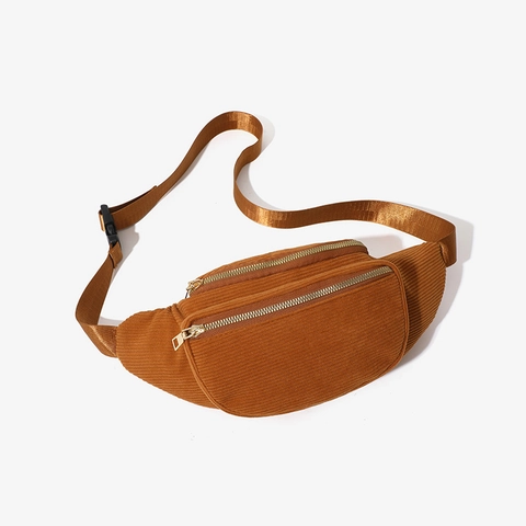 Casual Corduroy Waist Bag For Women Men Vintage Double Zipper Fanny Pack Large Capacity Chest Bag Streetwear Crossbody Bag