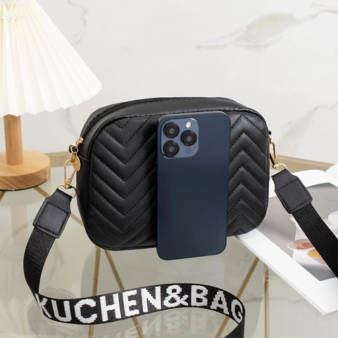 Chevron Quilted Crossbody Bag Women PU Leather Camera Square Shoulder Purse With Wide Letter Strap