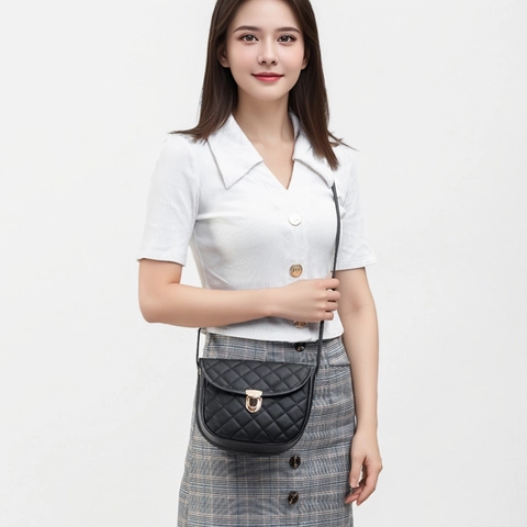 Women Shoulder Bag PU Leather Quilted Rhombus Printed Clover Crossbody Mini Square Purse Fashion Gold Lock Minimalist