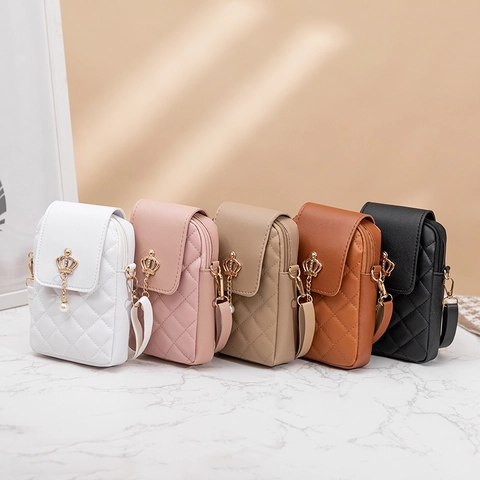 Damen Gesteppte PU Leder Handytasche Elegant Metall Krone Künstliche Perlenanhänger Umhängetasche Kleine Schultertasche Täglich Beutel