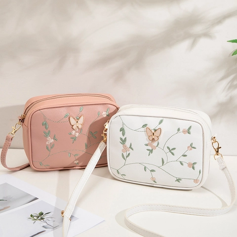 Bolso de Cámara con Bordado Floral y Mariposa de Cuero PU Bolso Bandolera Cuadrado Pequeño para Mujer Bolso de Hombro Casual Elegante