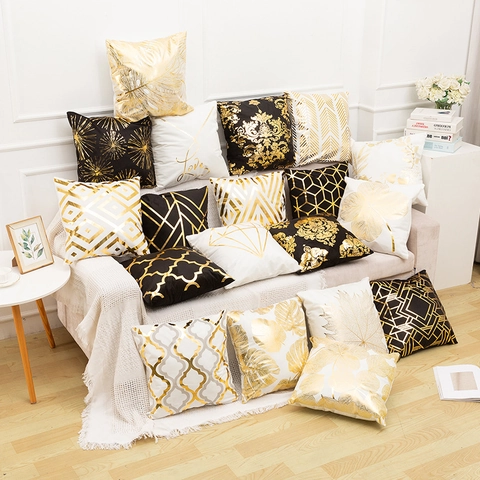 Funda de Cojín de Papel de Oro de Lujo Moderno Patrón de Damasco de Hoja Geométrica de Felpa Corta Funda de Almohada Decorativa para Sofá Hogar Sala de Estar