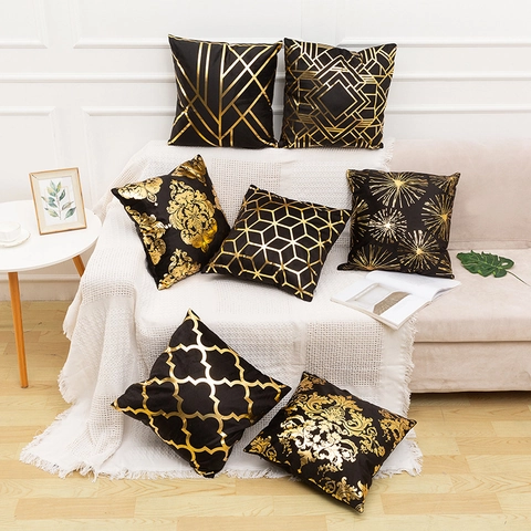 Decoratieve Kussensloop Zwart Goud Stempel Korte Pluche Modern Geometrisch Noords Kussenhoes Luxe Sofa Decor