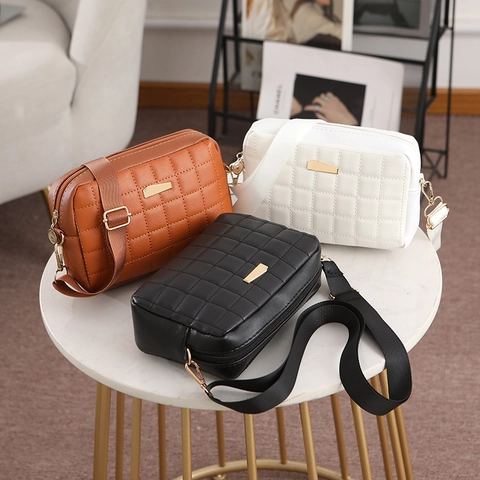 Quilted PU Leather Crossbody Camera Bag Small Square Shoulder Bag With Adjustable Wide Strap For Women Elegant Chic