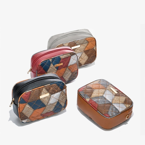 Borsa A Tracolla Donna Patchwork Pelle PU Cinghia Larga Geometrica Retro Moda Borsa A Spalla Colorata Quadrata Piccola