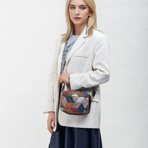 Borsa A Tracolla Donna Patchwork Pelle PU Cinghia Larga Geometrica Retro Moda Borsa A Spalla Colorata Quadrata Piccola