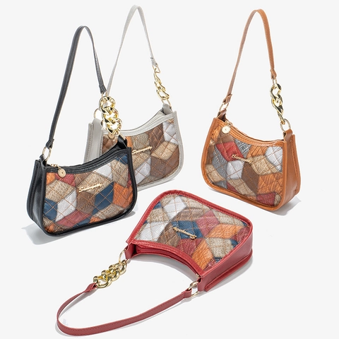 Dames Color Block Patchwork Schoudertas PU Leer Gestikt Diamantpatroon Gouden Ketting Decor Trendy Onderarm Baguette Tas