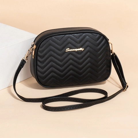 Women Fashion Wave Quilted Crossbody Bag Simple PU Leather Square Camera Bag Double Zipper Shoulder Bag For Daily Use