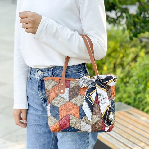 Women's Retro PU Leather Spliced Geometric Tote Bag With Silk Scarf Set Large Capacity Alphabet Print Handbag With Pouch Accessory