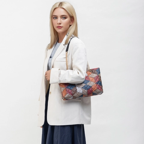 Geometric Patchwork Women Shoulder Bag Contrast Color PU Leather Quilted Rhombus Large Capacity Tote Metal Lock Casual