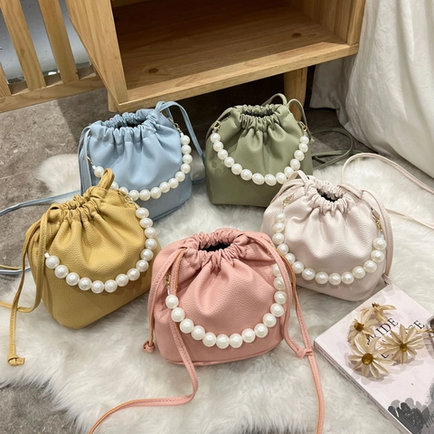 French Style Women Bucket Bag PU Leather Litchi Grain With Large Artificial Pearl Handle Drawstring Crossbody Shoulder Handbag