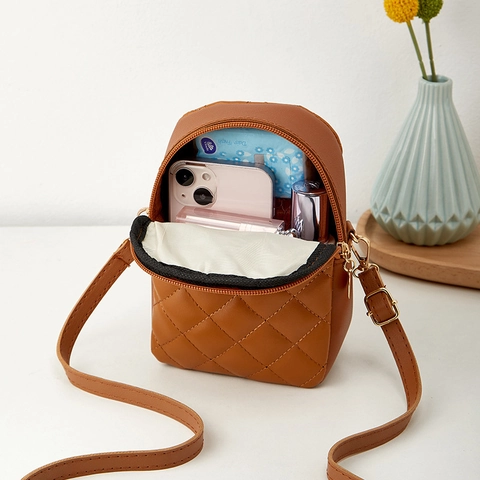 Damen Gesteppte PU Leder Handytasche Crossbody Gold Metallschloss Mode Rautenmuster Kleine Quadratische Tasche Für Alltag