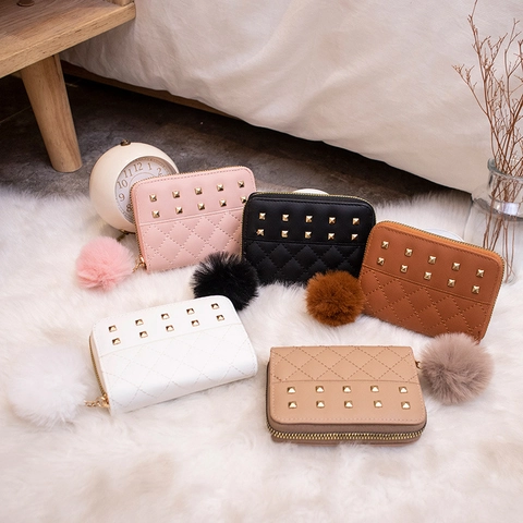 Women Short Zip Wallet Quilted PU Leather Mini Coin Purse With Pompom And Gold Studs Stylish Ladies Small Money Bag