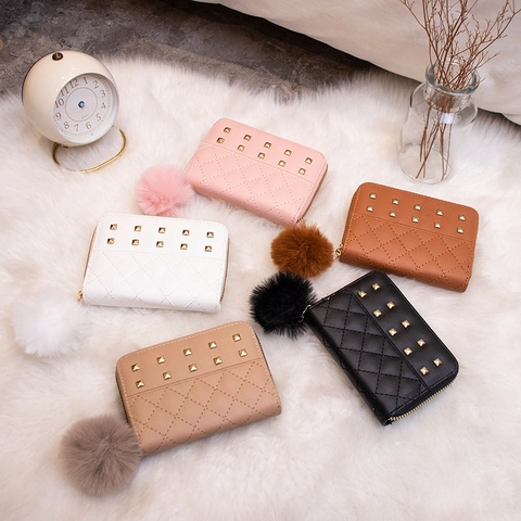 Women Short Zip Wallet Quilted PU Leather Mini Coin Purse With Pompom And Gold Studs Stylish Ladies Small Money Bag