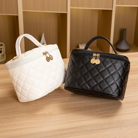 Women Quilted Diamond Pattern Cosmetic Bag PU Leather Vanity Case Double Zipper Handbag With Top Handle Crossbody Shoulder Bag