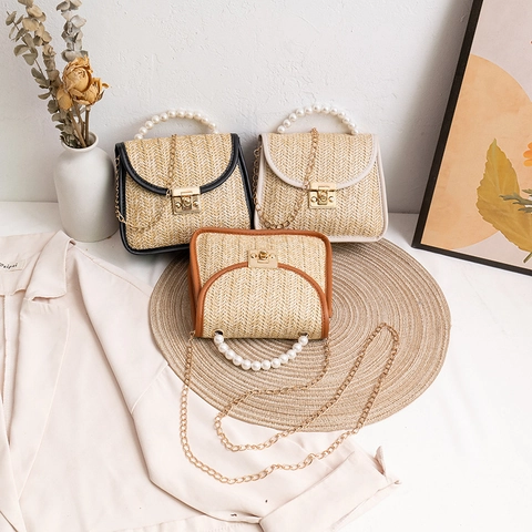 Damen Gewebte Stroh Handtasche Mit Künstliche Perlen Griff Und Goldener Kettenriemen Retro Kleine Quadratische Umhängetasche Urlaub Strand Tasche