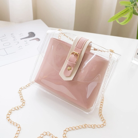 Damen Mode Transparente PVC Schultertasche Mit Kontrastschnalle PU Innentasche Gold Metallkette Lässige Umhängetasche Quadratische Tasche