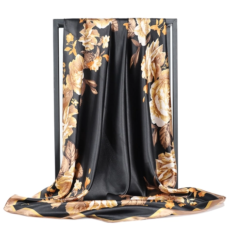 Grand Carré en Satin Vintage pour Femmes avec Imprimé Floral Paisley et Mors de Cheval Hijab Foulard Châle Accessoire