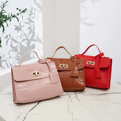 Sac à Main pour Femmes en Cuir PU Motif Crocodile avec Fermoir en Métal Doré Bandoulière Amovible Mode Décontracté Petit Sac Carré