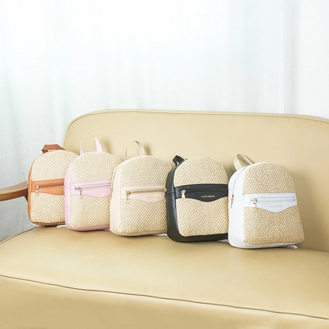 Women Mini Straw Woven Backpack Small Patchwork PU Leather Knitted Travel Rucksack Casual Vacation Fashion Shoulder Bag