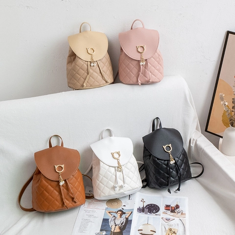 Mini Zaino In Pelle PU Trapuntata Con Anello Orecchio Di Gatto E Nappa Di Künstliche Perle Borsa A Tracolla Per Donna