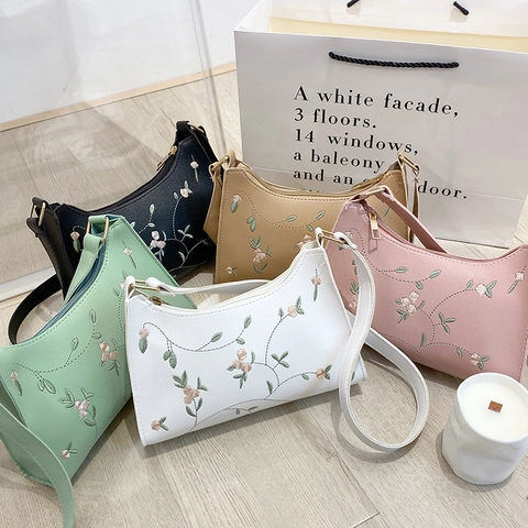 Borsa da Donna in Pelle PU con Ricamo Floreale Elegante Borsa a Tracolla Piccola Moda Casual Borsa Baguette per Uscite Quotidiane