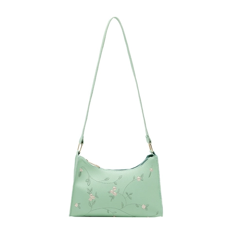 Borsa Sottobraccio da Donna con Ricamo Floreale in Pelle PU Piccola Borsa a Tracolla Quadrata Stile Coreano Minimalista