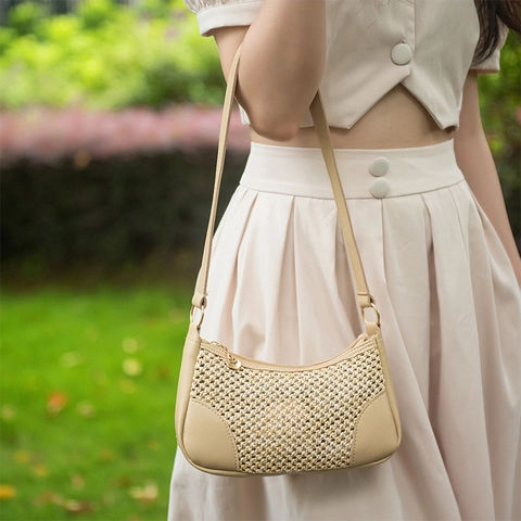 Woven Straw And PU Leather Patchwork Underarm Shoulder Bag Summer Beach Vacation Half Moon Trendy Bohemian For Women