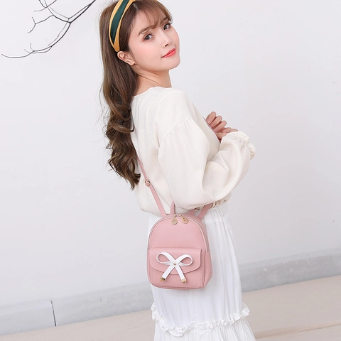Women Mini PU Leather Backpack Sweet Bowknot Casual Shoulder Bag Versatile Small Travel Rucksack With Earphone Hole