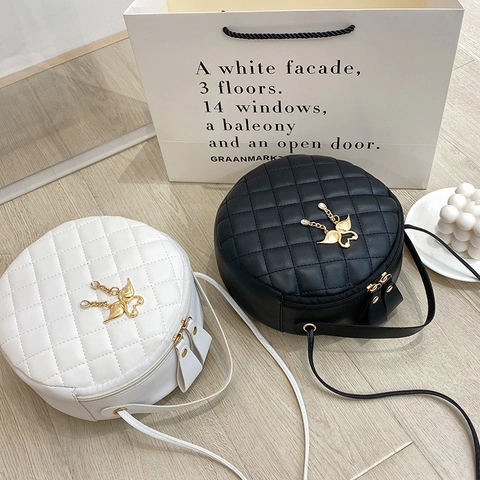 Quilted Round Crossbody Bag For Women PU Leather Diamond Pattern Metal Charm Top Handle Circle Handbag