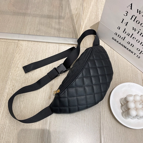 Quilted Waist Bag PU Leather Rhombus Pattern Fanny Pack For Women Fashion Chest Bag Adjustable Strap Crossbody Bag Casual
