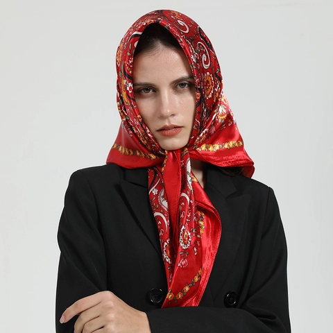 Large Square Satin Scarf Satin Paisley Floral Print Retro Headscarf Shawl Wrap For Women