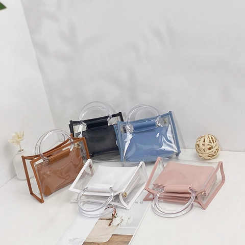 Women Transparent PVC Shoulder Bag With Inner Pouch Fashion Clear Tote Handbag Acrylic Handle Metal Chain Strap Handbag