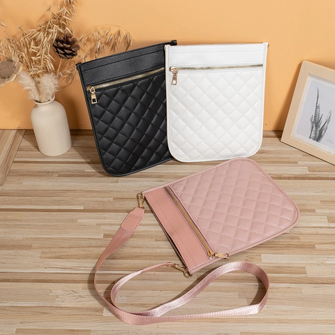 Women Quilted Lattice PU Leather Shoulder Bag Fashion Rhombic Crossbody Phone Pouch Wide Strap Zipper Minimalist Bag