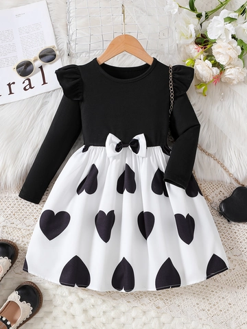 Toddler Girls Long Sleeve Dress Sweet Heart Pattern Patchwork Princess Dresses With Ruffles Bow For Autumn Kids Clothing